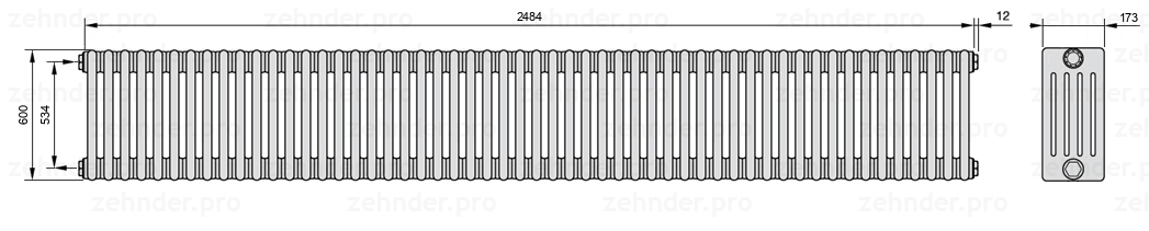 Схема (чертеж) Радиатор Zehnder Charleston 5060/54 №1270 Белый глянцевый RAL 9016